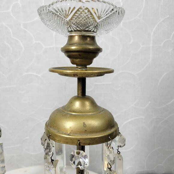 Antique Brass Girandole Candlesticks 11" Gold 8 Clear Hanging Crystals Set of 2 - Picture 8 of 16
